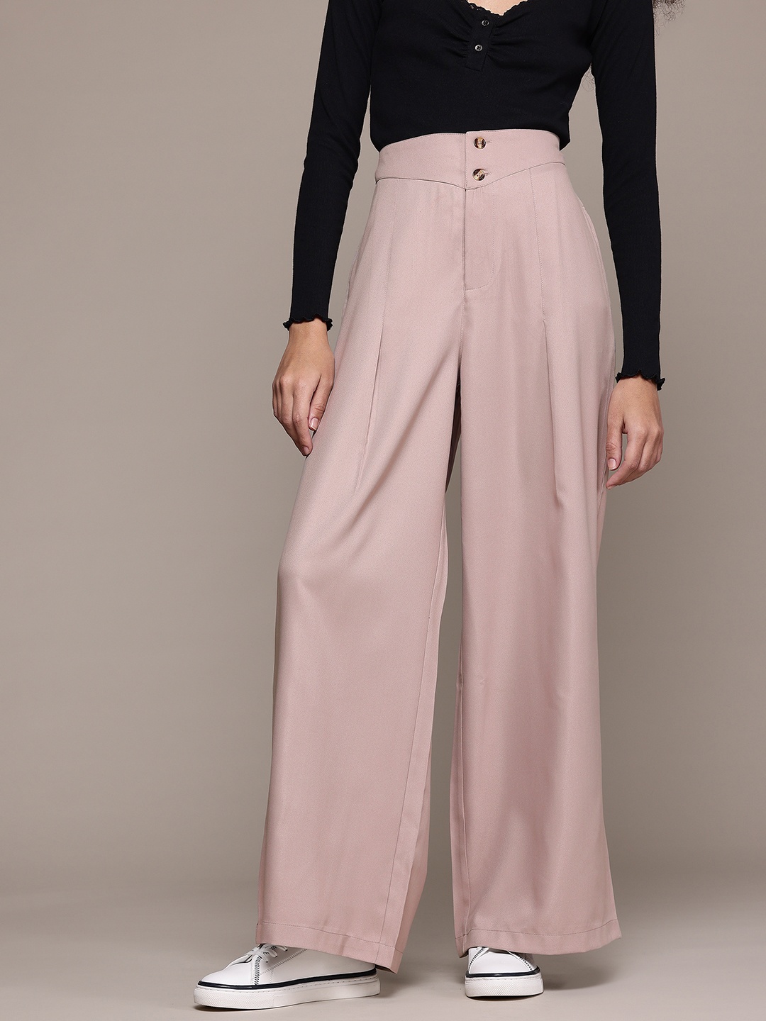 

The Roadster Lifestyle Co. Women Flared High-Rise Pleated Trousers, Rose