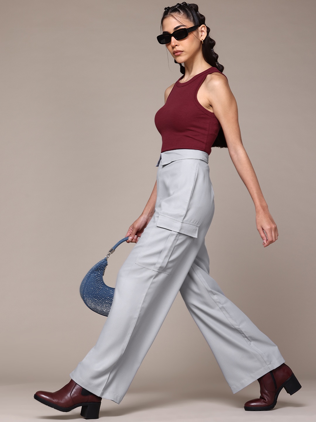 

The Roadster Lifestyle Co. Women Flared High-Rise Cargos Style Trousers, Grey