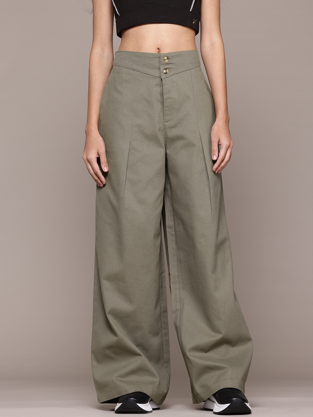 

The Roadster Lifestyle Co. Women Pure Cotton Pleated Wide Leg Trousers, Olive