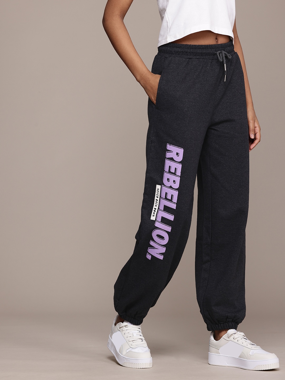 

The Roadster Life Co. Women Typography Printed Relaxed Fit Joggers, Charcoal