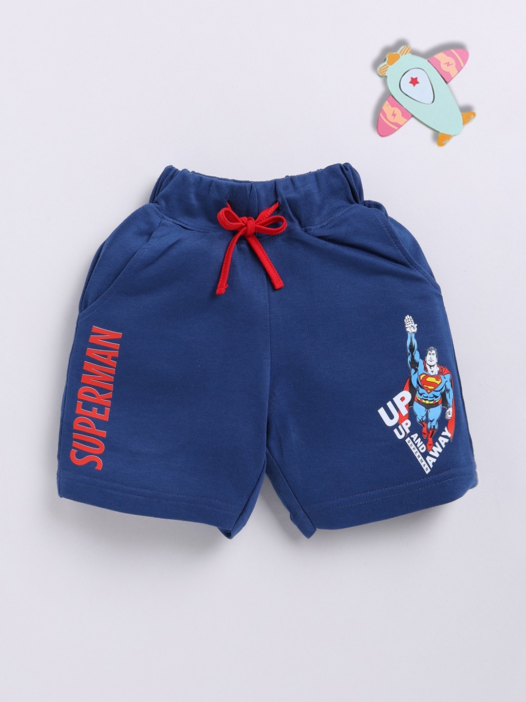 

YK X Minute Mirth Boys Pure Cotton Superman Printed Shorts, Navy blue