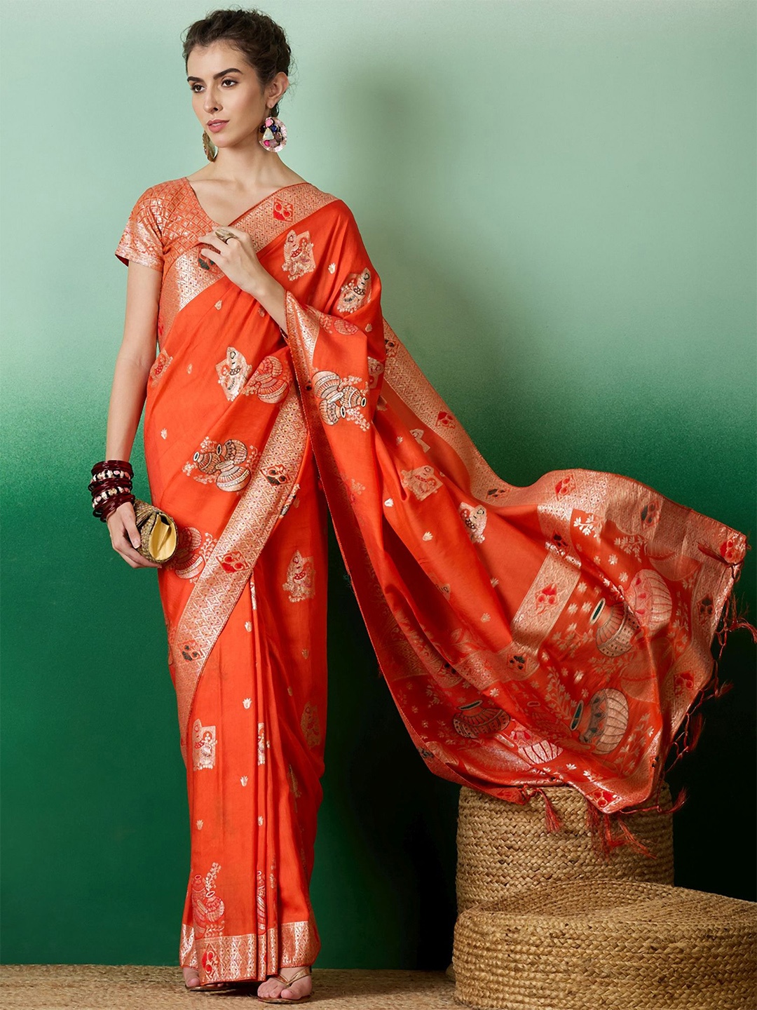 

MAHALASA Woven Design Zari Kanjeevaram Saree, Orange
