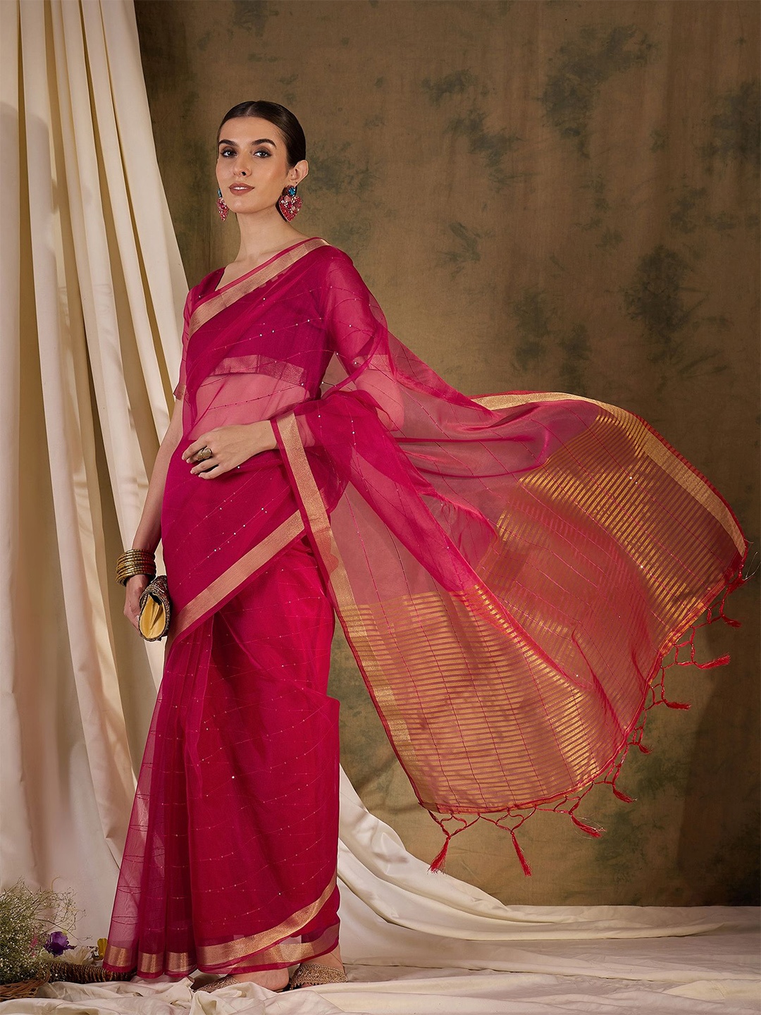 

MAHALASA Striped Zari Organza Kanjeevaram Saree, Pink