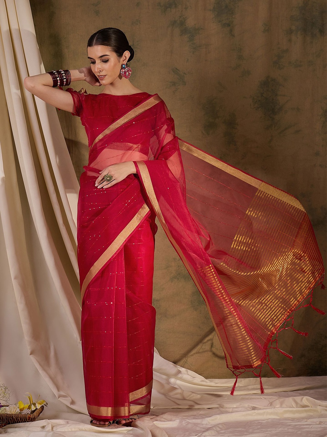 

MAHALASA Zari Striped Sequinned Kanjeevaram Saree, Red