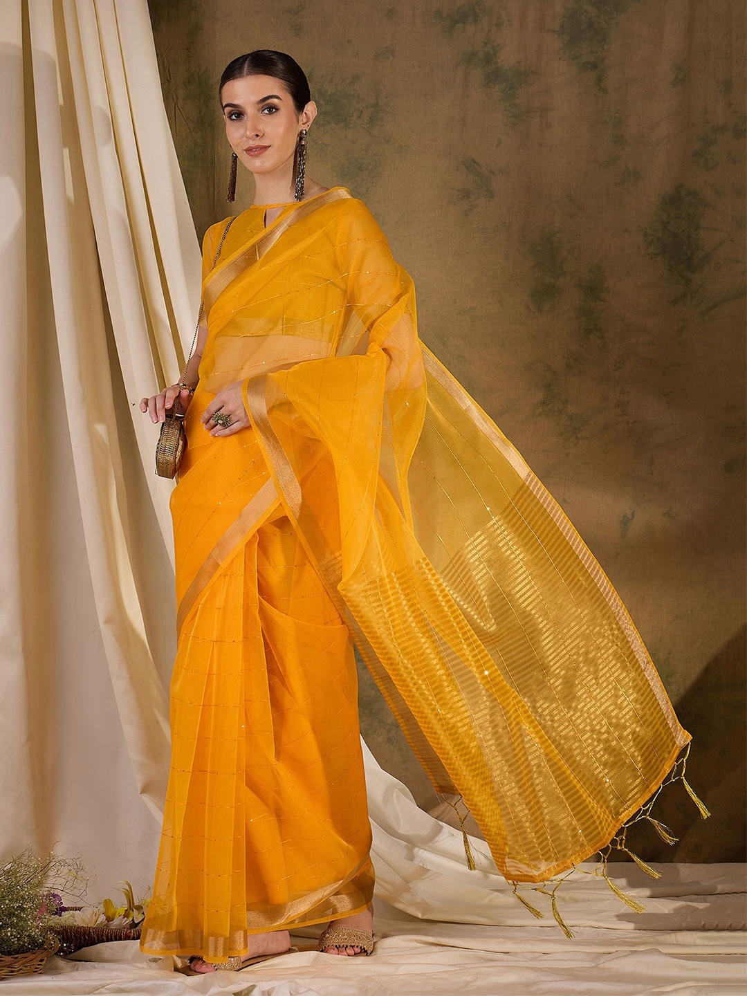 

MAHALASA Ethnic Motifs Zari Organza Kanjeevaram Saree, Yellow