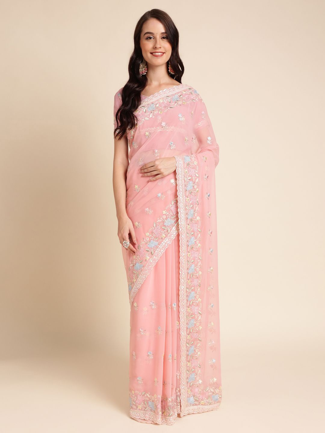 

all about you Ethnic Motif Embroidered Sequinned Pure Georgette Saree, Pink
