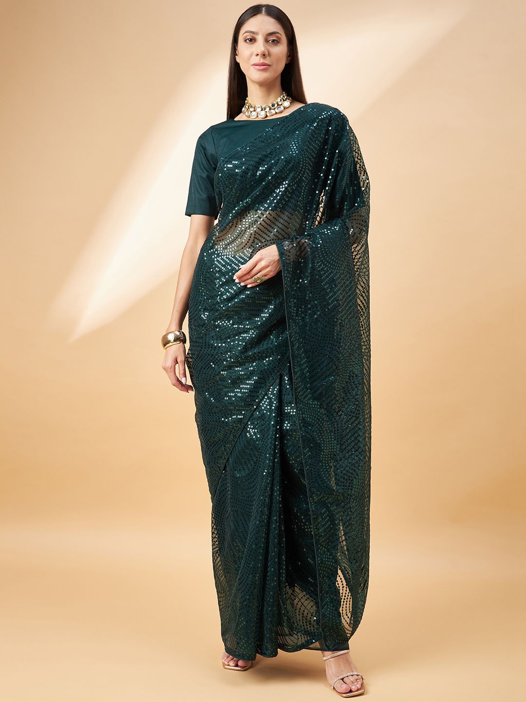 

all about you Embellished Sequinned Pure Georgette Saree, Green