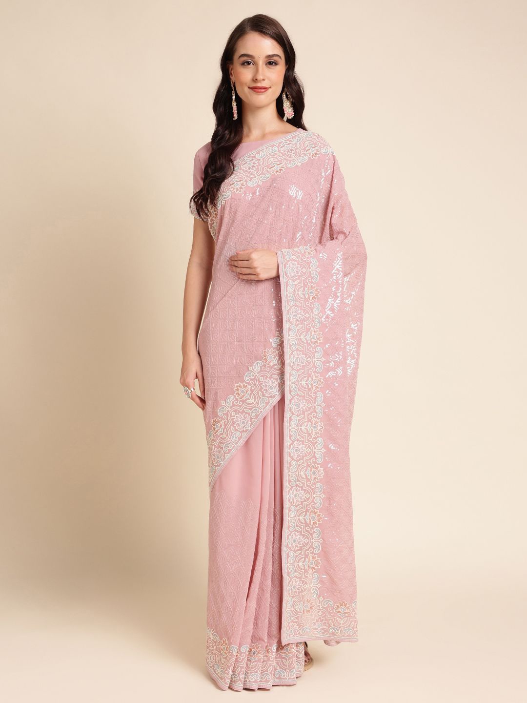all about you Ethnic Motif Embroidered Sequinned Pure Georgette Saree, Pink