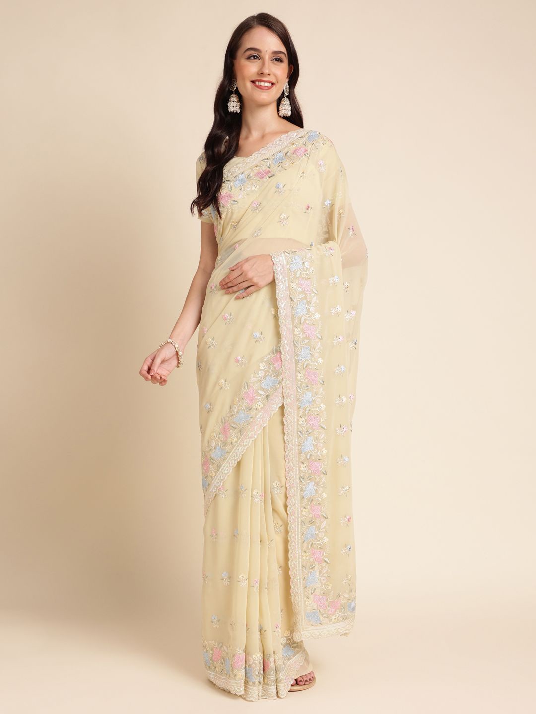

all about you Ethnic Motif Embroidered Sequinned Pure Georgette Saree, Yellow