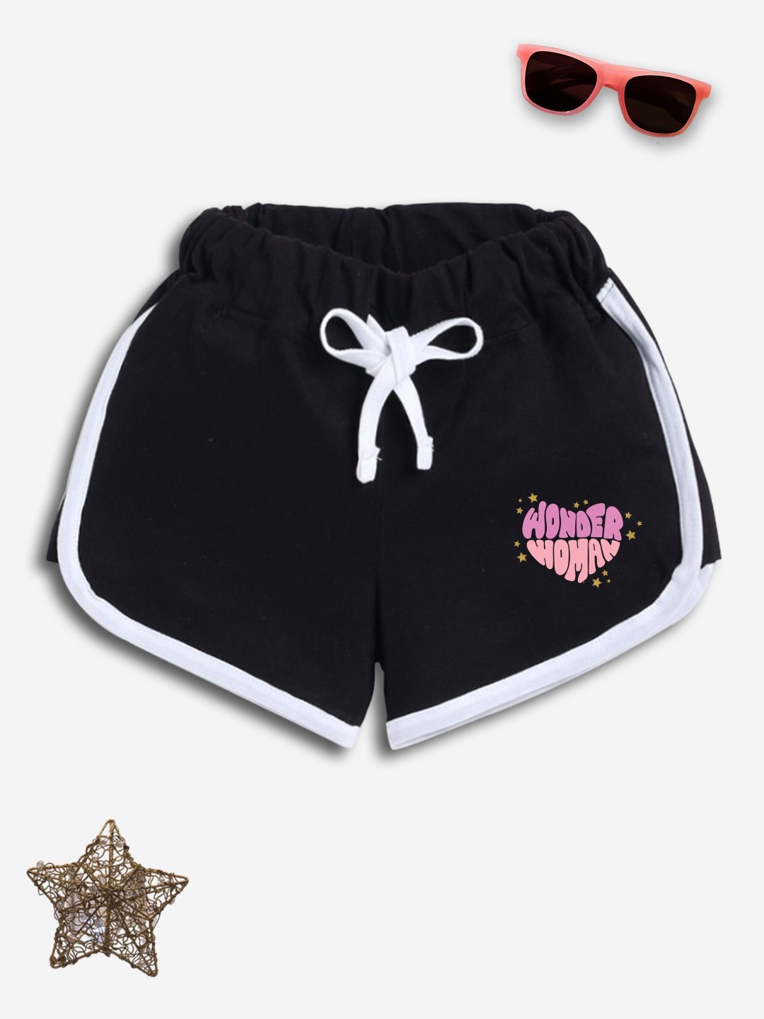 

YK X Minute Mirth Girls Wonder Woman Printed Pure Cotton Shorts, Black
