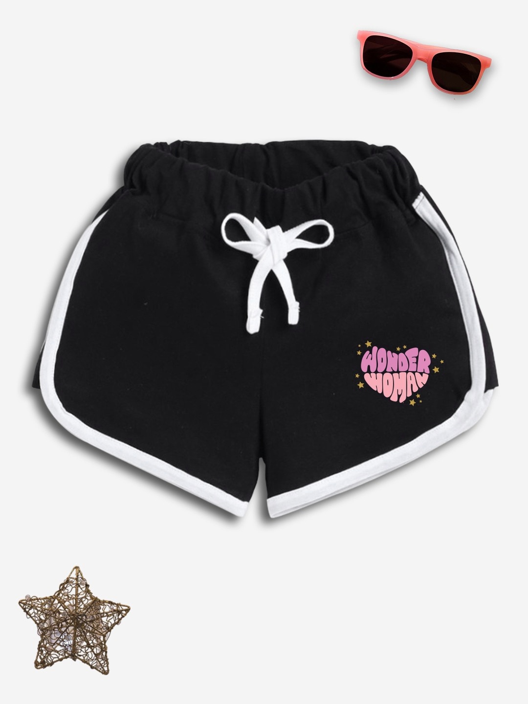 

YK X Minute Mirth Girls Wonder Woman Printed Pure Cotton Shorts, Black