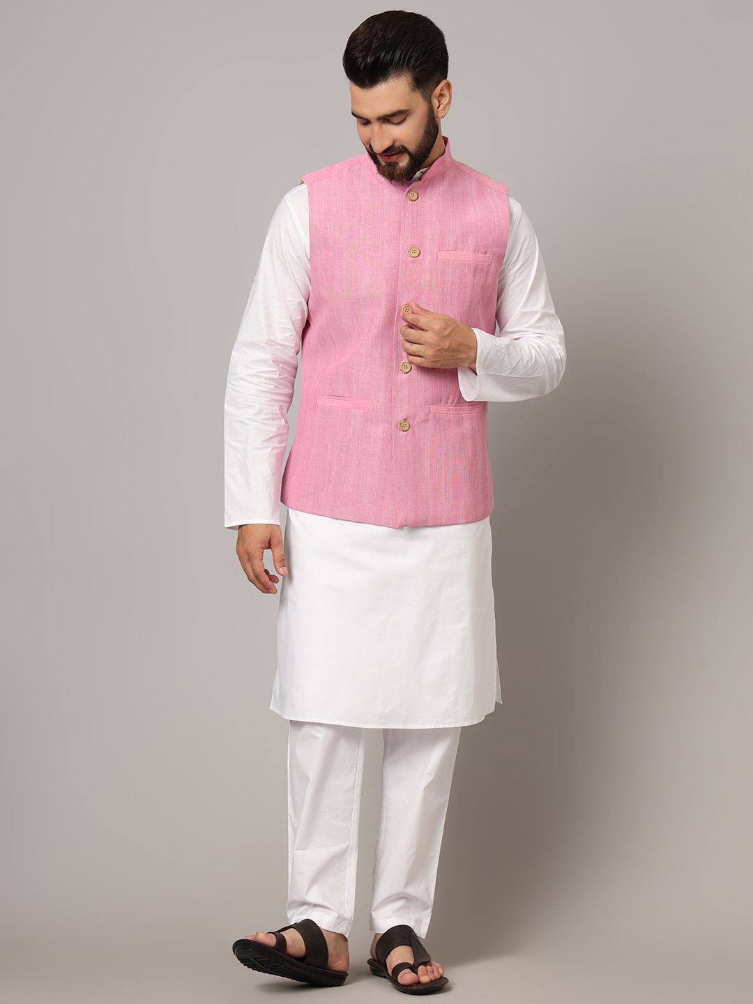 

Latest Chikan Garments Striped Woven Nehru Jacket, Pink