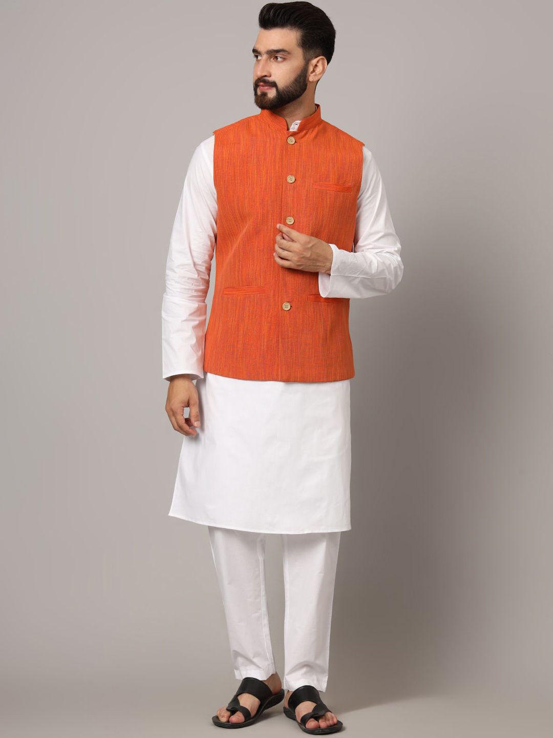 

Latest Chikan Garments Woven Design Nehru Jacket, Orange