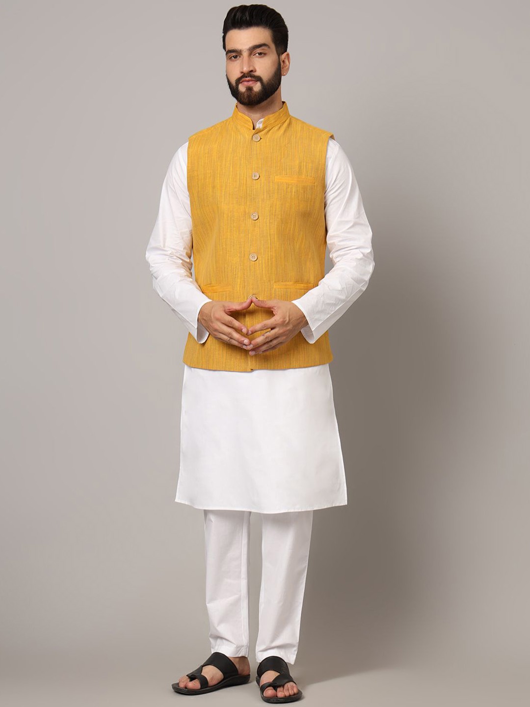 

Latest Chikan Garments Woven Design Nehru Jacket, Yellow