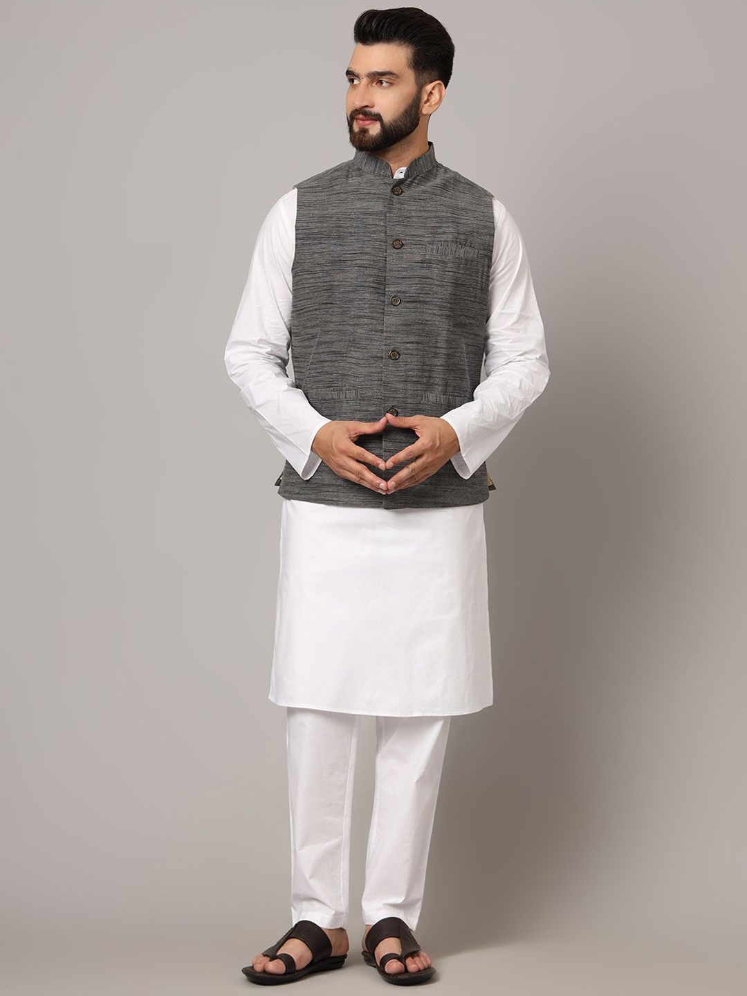 

Latest Chikan Garments Striped Woven Nehru Jacket, Grey