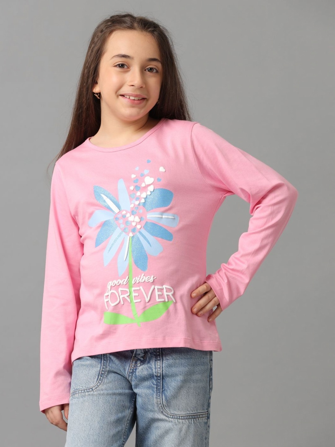 

UNDER FOURTEEN ONLY Girls Graphic Printed Round Neck Cotton T-Shirt, Pink