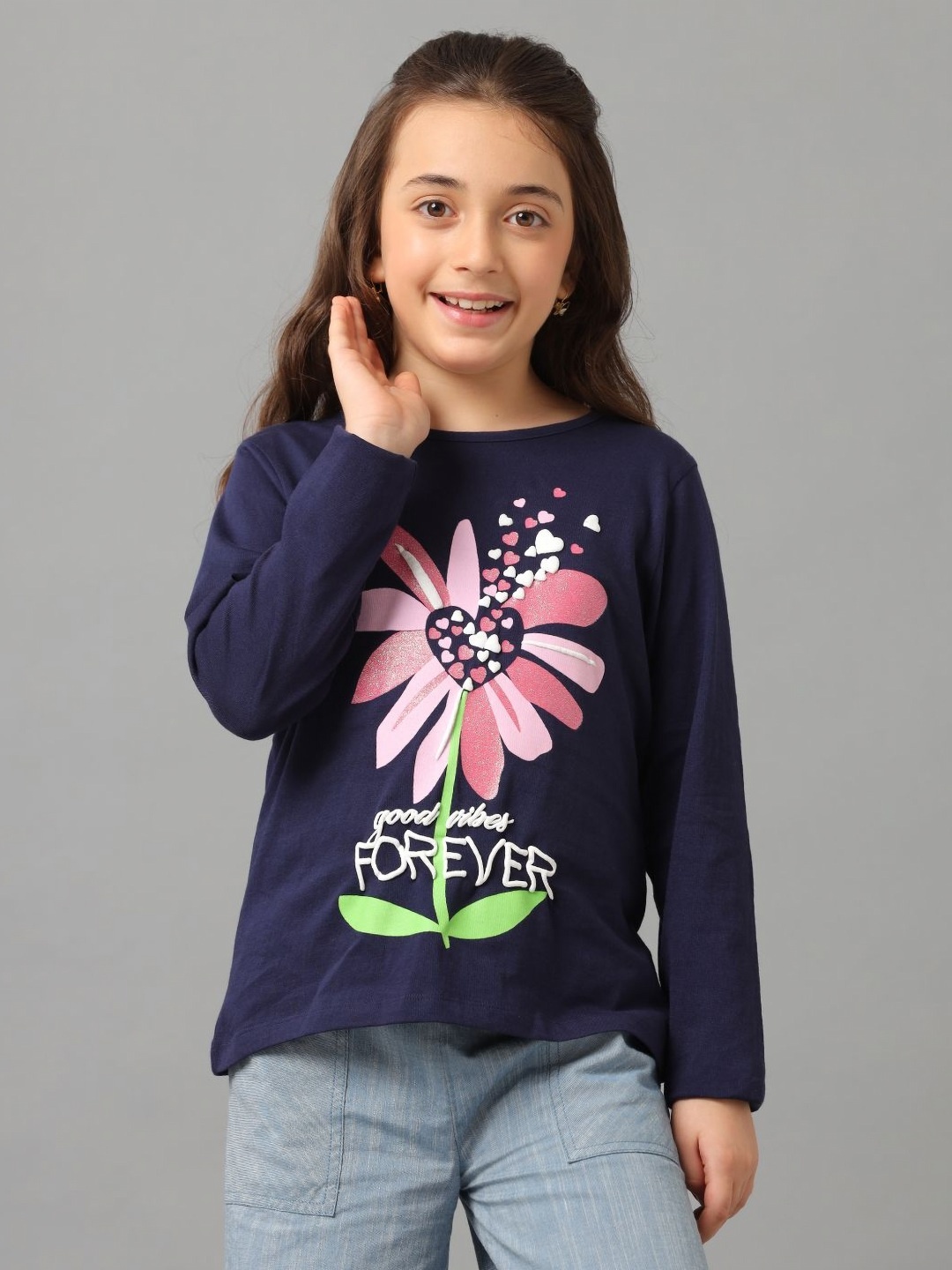 

UNDER FOURTEEN ONLY Girls Graphic Printed Round Neck Cotton T-Shirt, Navy blue