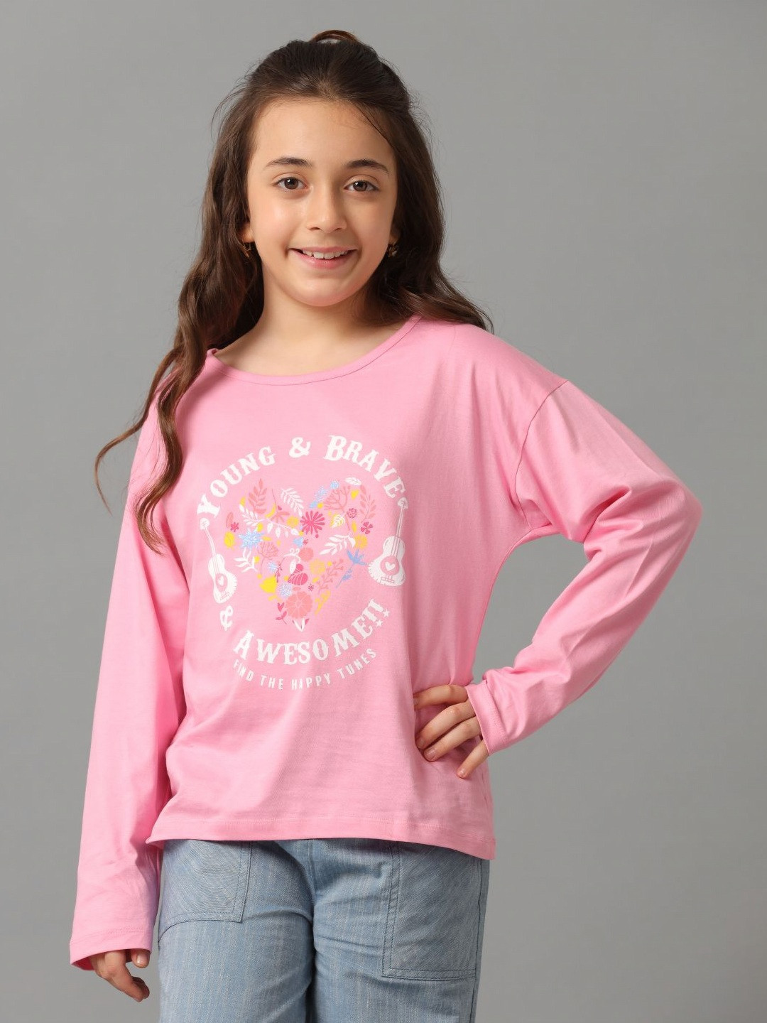 

UNDER FOURTEEN ONLY Girls Graphic Printed Round Neck Cotton T-Shirt, Pink