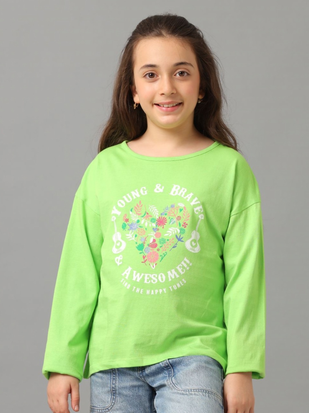 

UNDER FOURTEEN ONLY Girls Graphic Printed Round Neck Cotton T-Shirt, Green