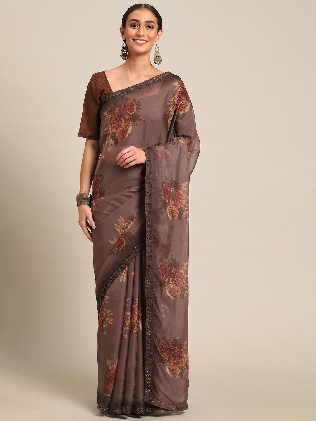 

all about you Floral Beads and Stones Pure Georgette Saree, Brown