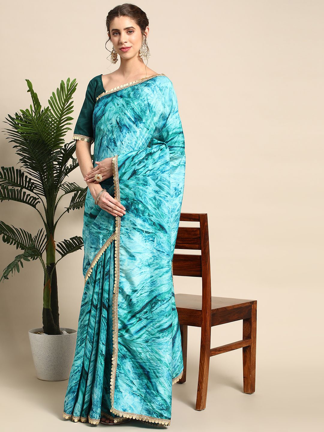 

all about you Tie & Dye Sequinned Satin Saree, Turquoise blue