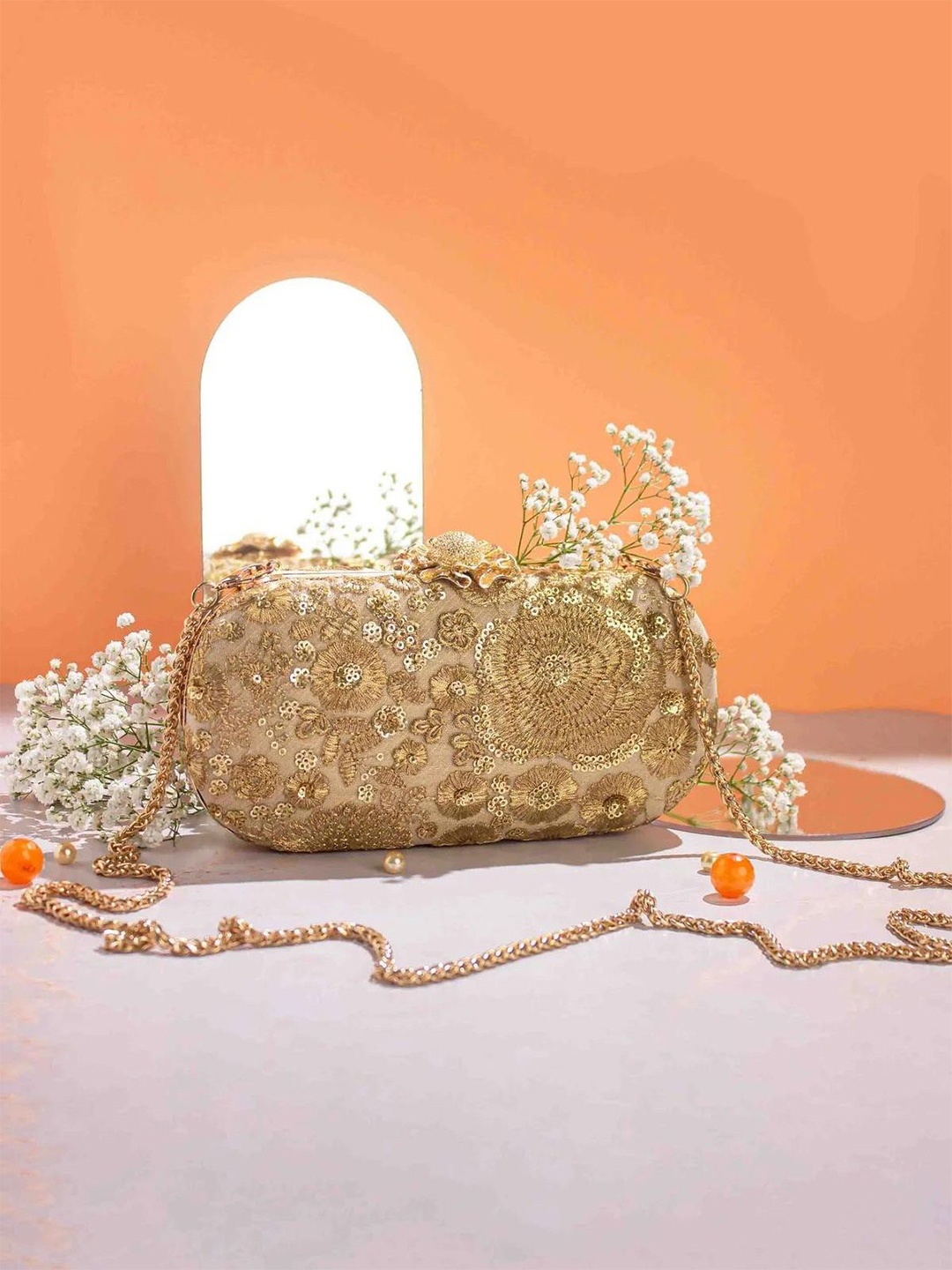 

AMYRA Women Embroidered Push Pin Closure Sling Bag, Gold