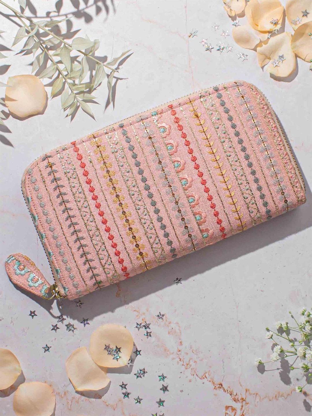 AMYRA Women Woven Design Floral Embroidered Zip Closure Wallet, Peach