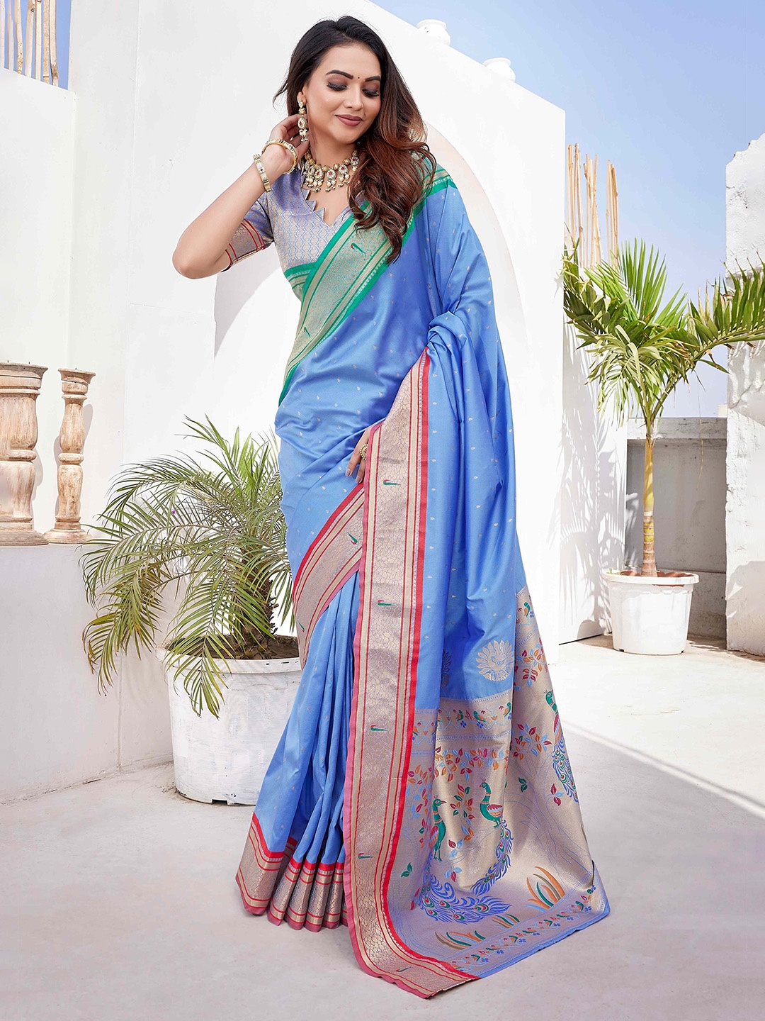 

HEER FASHION Ethnic Motifs Zari Paithani Saree, Blue