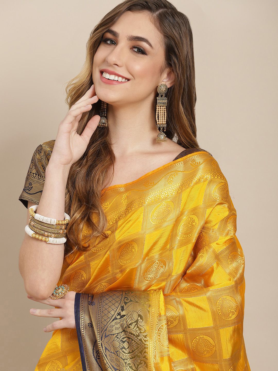 

KALINI Woven Design Zari Banarasi Saree, Yellow