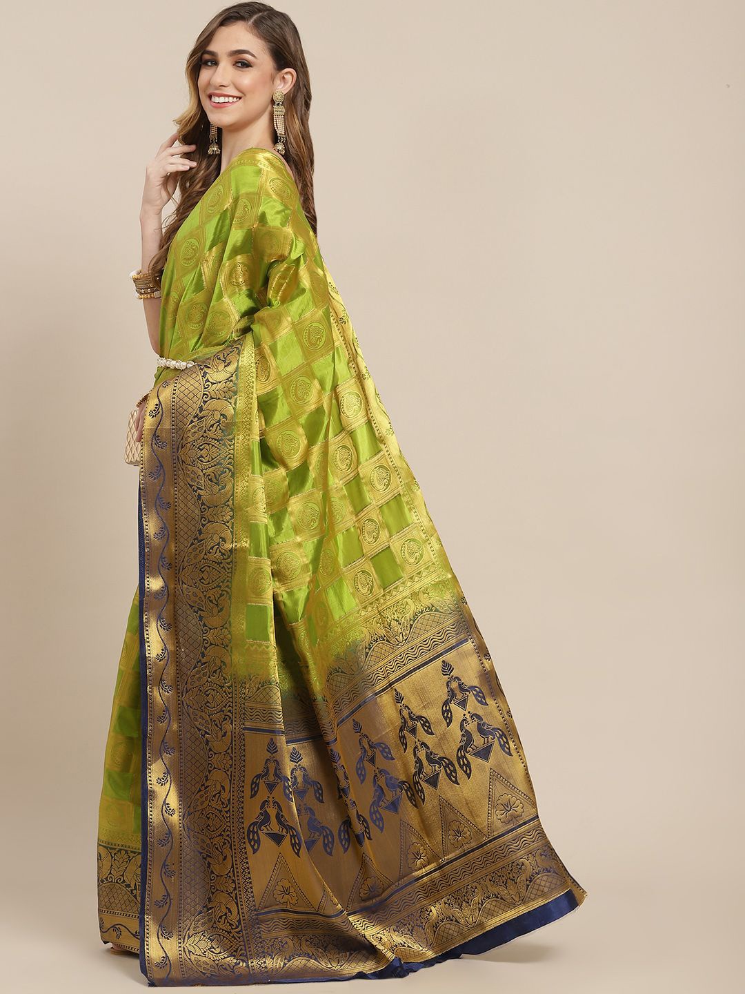 

KALINI Ethnic Motifs Zari Woven Banarasi Saree, Lime green