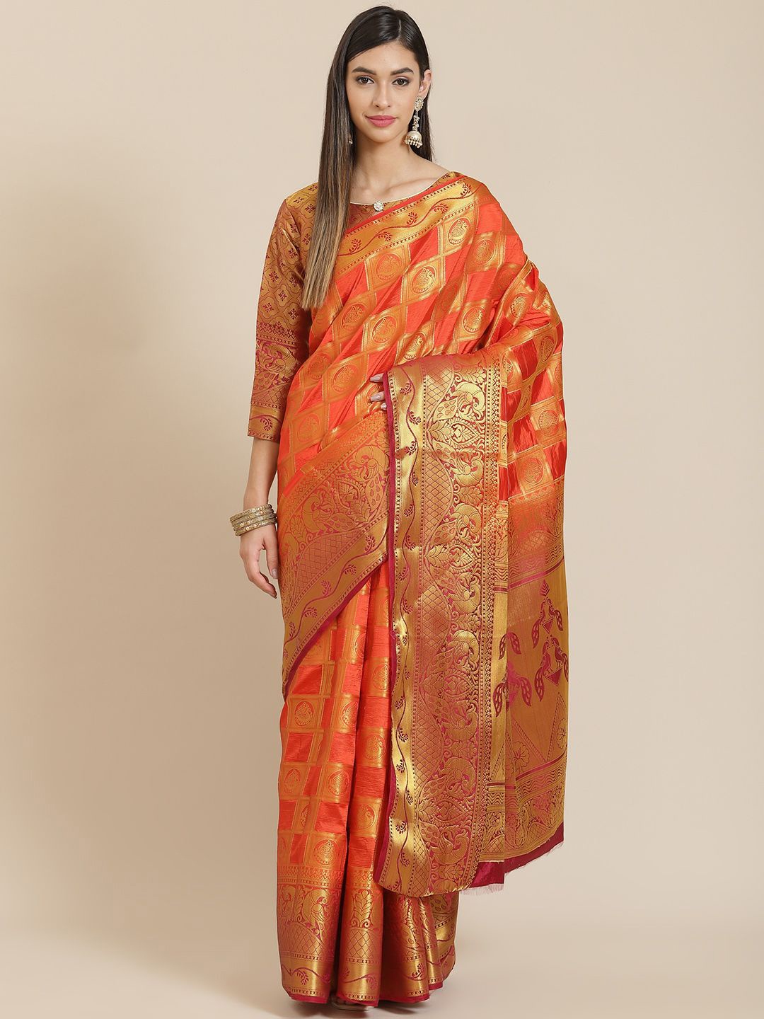 

KALINI Ethnic Motifs Zari Woven Banarasi Saree, Orange