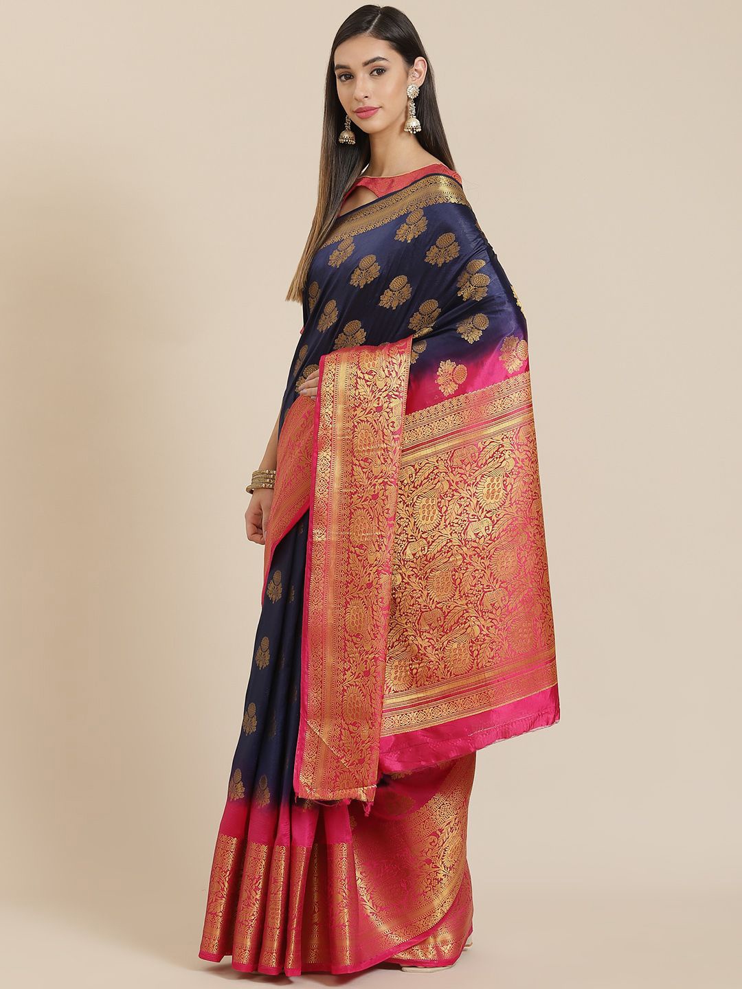 

KALINI Ethnic Motifs Zari Woven Banarasi Saree, Navy blue