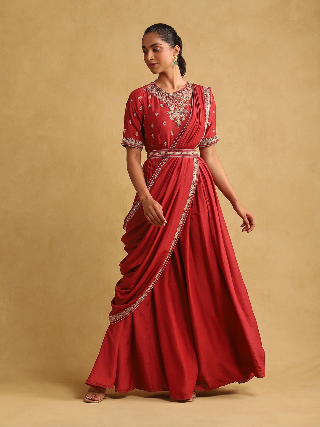 

Ritu Kumar Embroidered Mirror Work Ready To Wear Saree, Rust