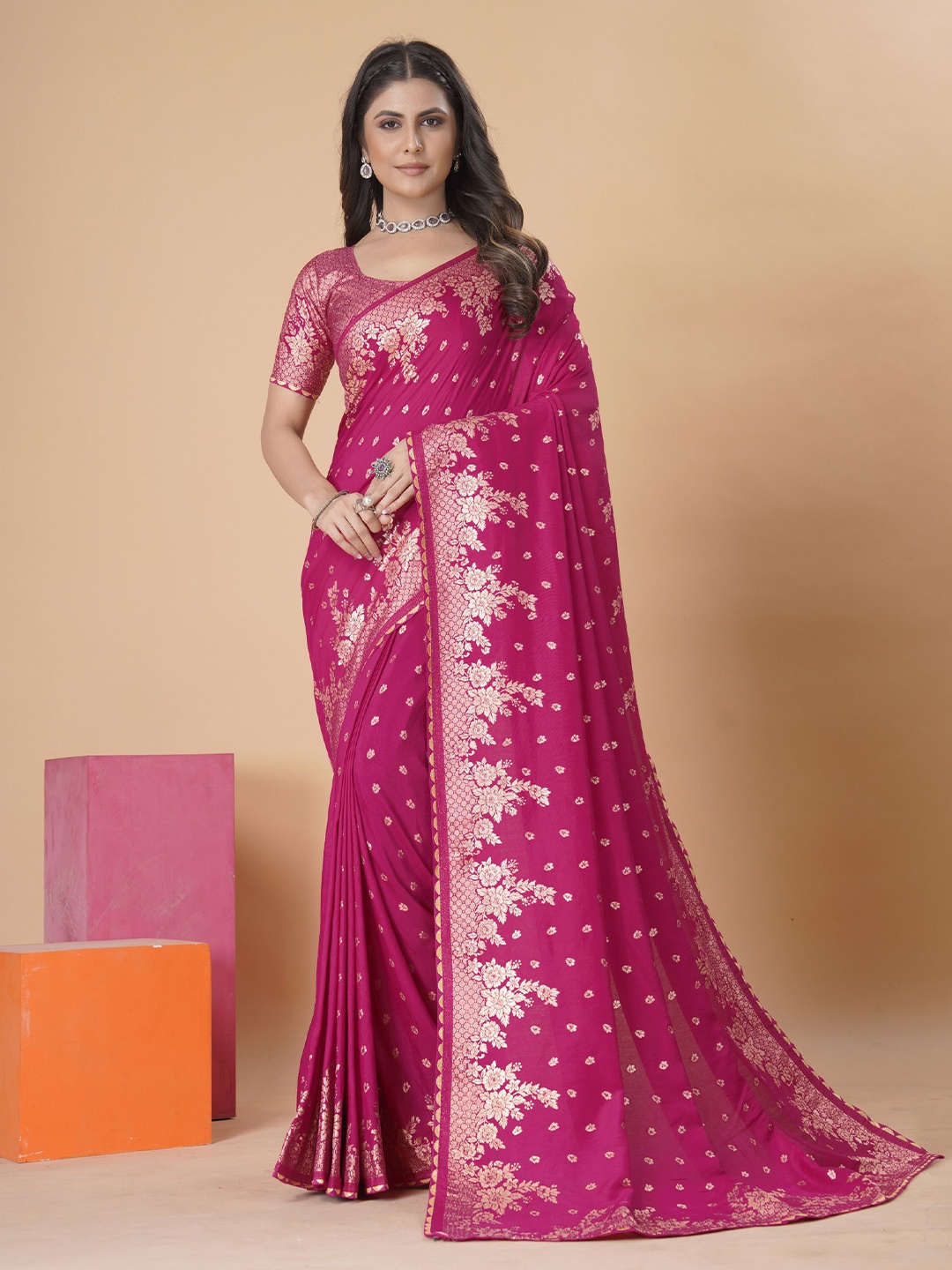 

SHRI MAHAVEER RAJASTHANI SAREE Woven Design Zari Banarasi Saree, Pink