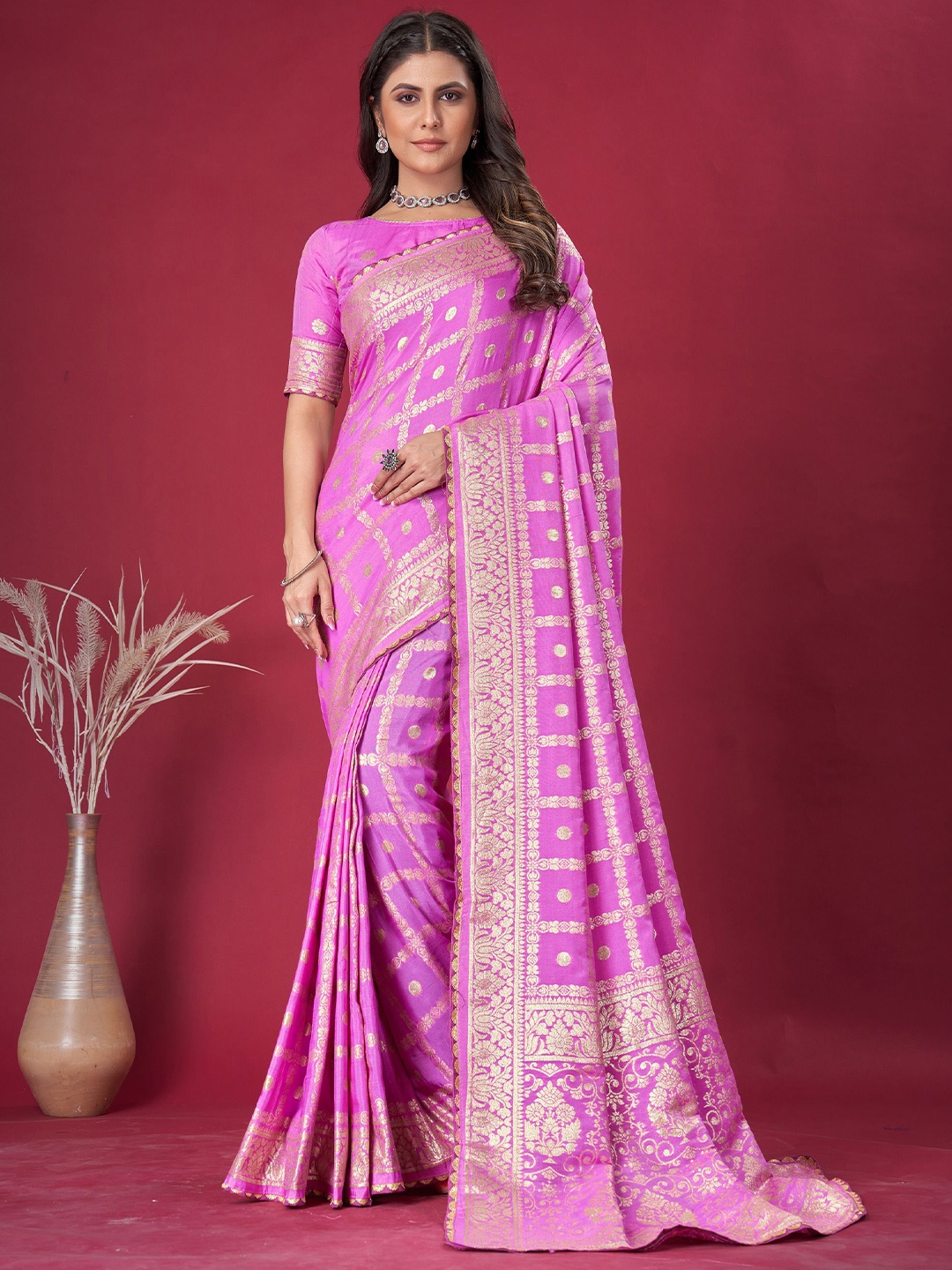 

SHRI MAHAVEER RAJASTHANI SAREE Woven Design Zari Banarasi Saree, Pink
