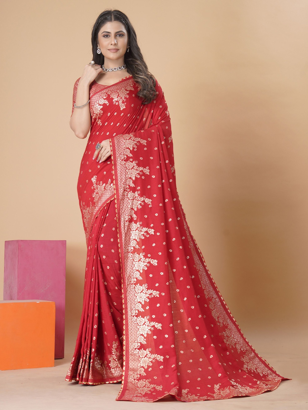 

SHRI MAHAVEER RAJASTHANI SAREE Woven Design Zari Banarasi Saree, Red