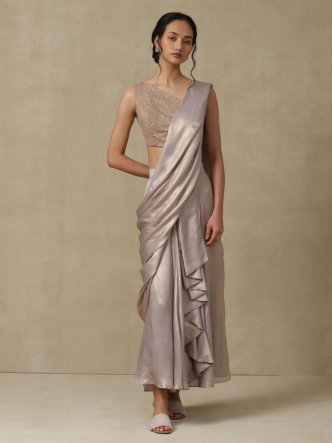 

aarke Ritu Kumar Solid Ready to Wear Saree with Embroidered Blouse, Silver