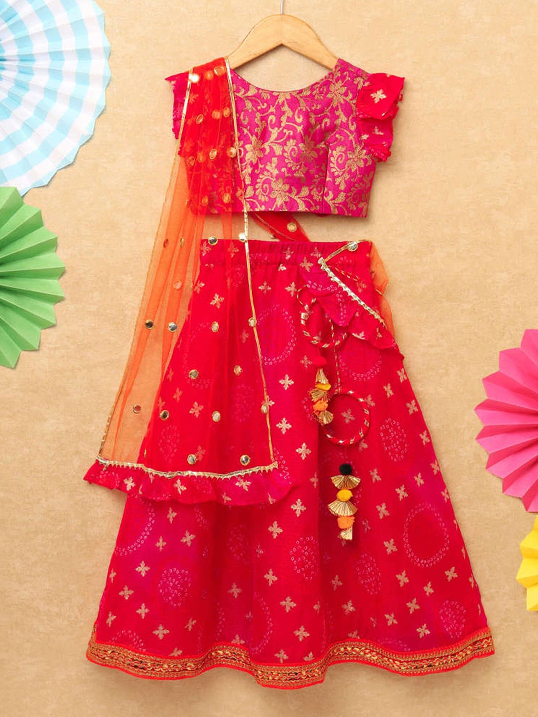 

BAESD Girls Floral Woven Design Gotta Patti Ready to Wear Lehenga & Blouse With Dupatta, Pink