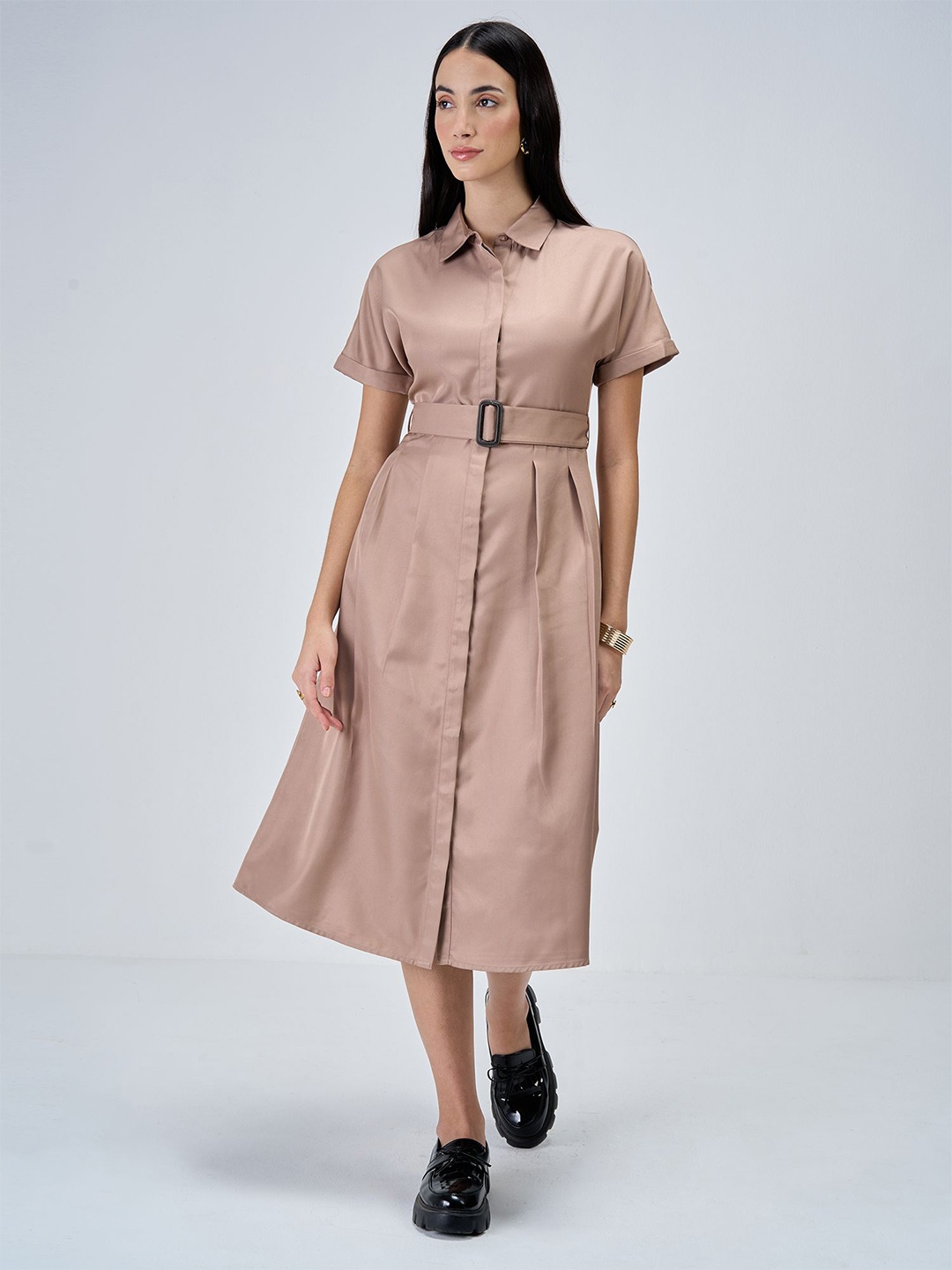 

SALT ATTIRE Women Shirt Collar A-Line Midi Dress, Peach