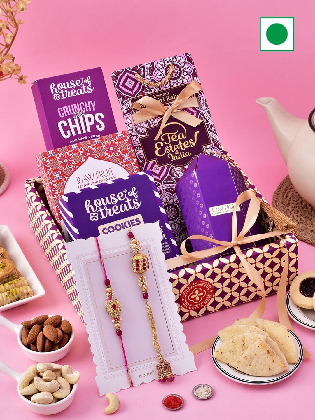 

RawFruit Bhaiya Bhabhi Rakhi With Dry Fruits & Roli Chawal Gift Set, Brown