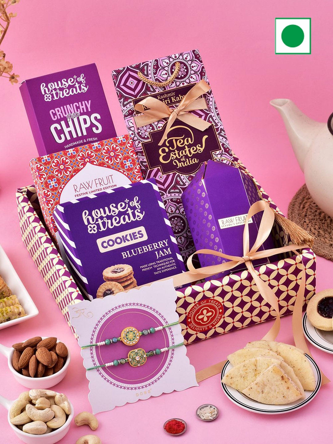

RawFruit 2-Pcs Rakhi With Dry Fruits & Cookies & Roli Chawal Gift Set, Brown