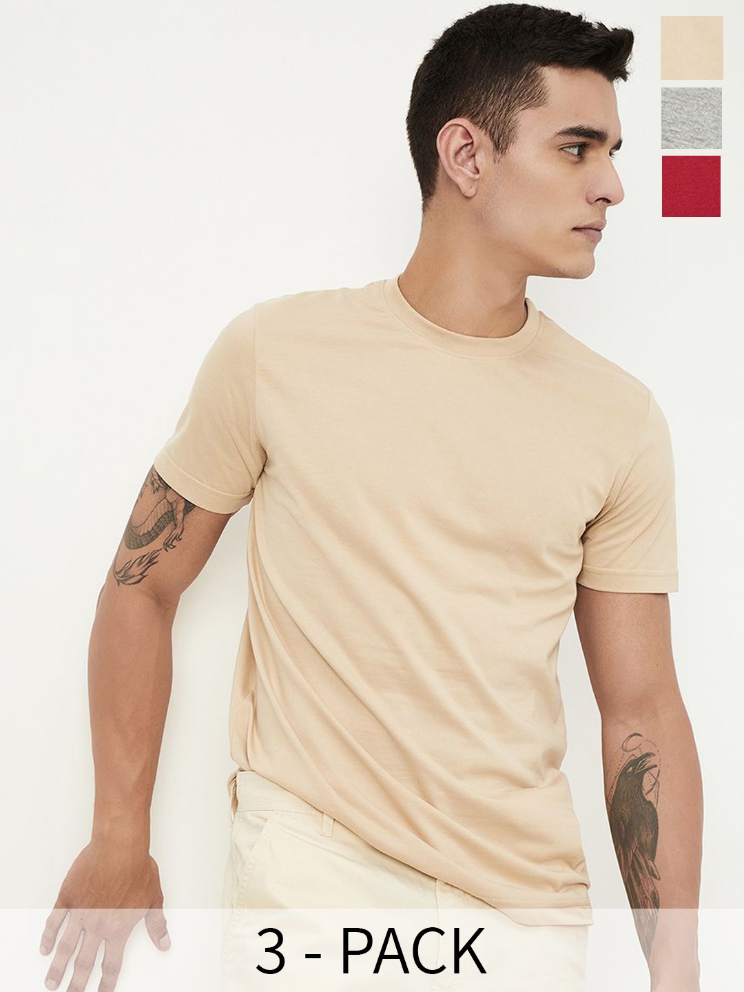 

Max Men Solid T-Shirt - Pack of 2, Beige