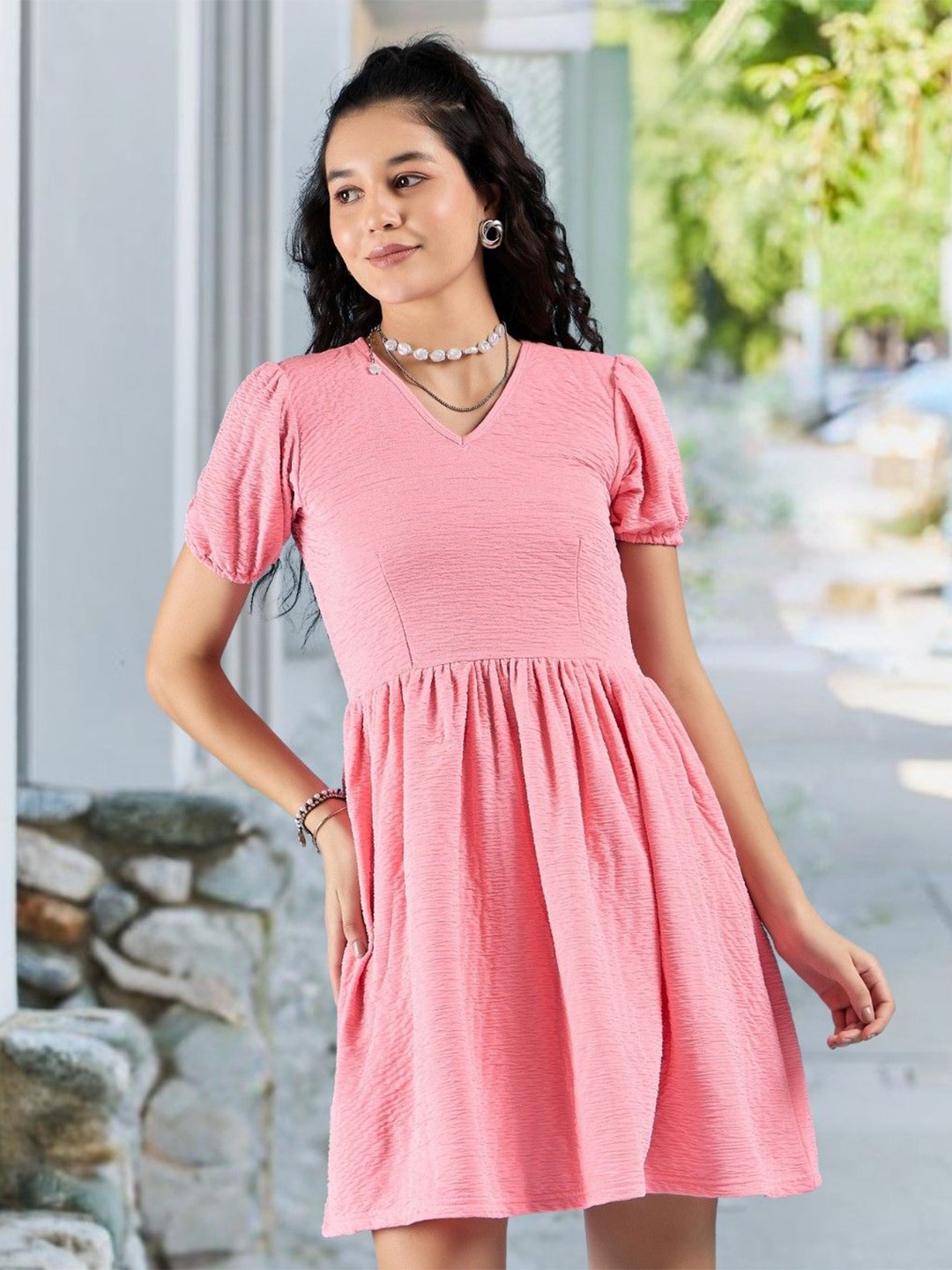 

DressBerry Women V-Neck Puff Sleeves Fit & Flare Above Knee Dress, Pink