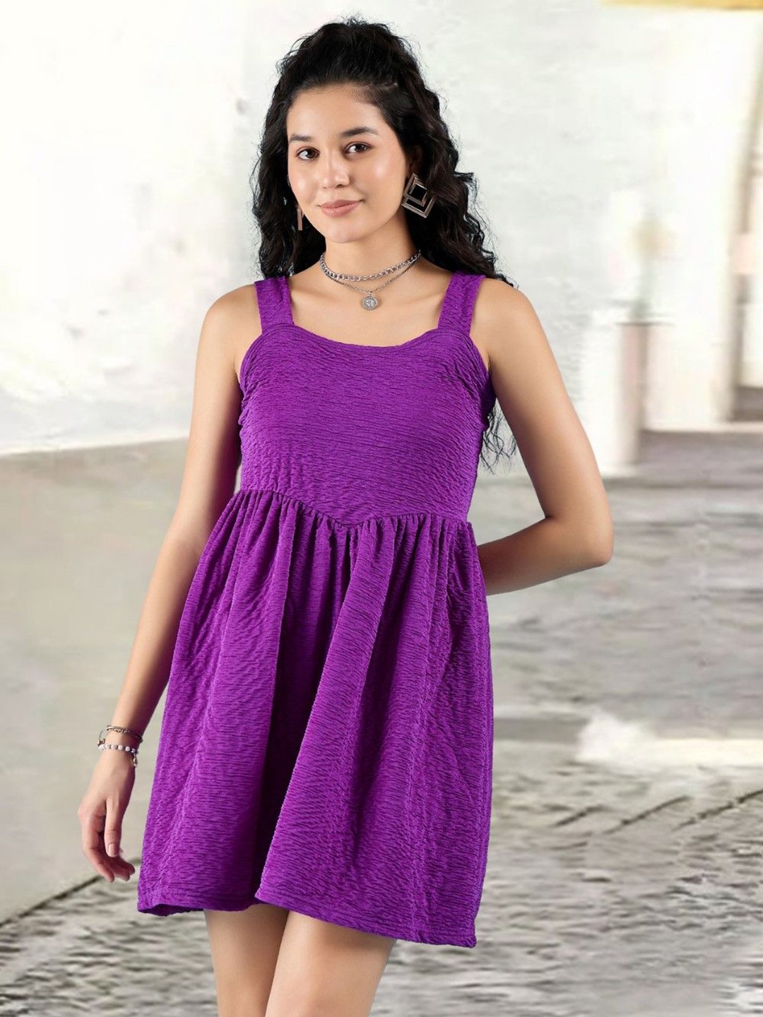 

DressBerry Fit & Flare Self Design Crush Strap Dress, Purple
