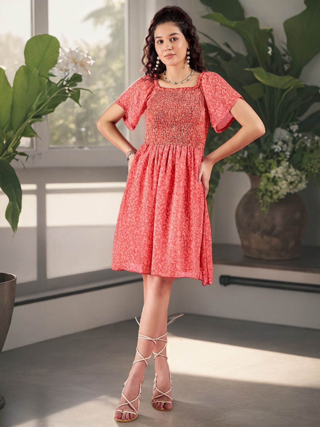 

DressBerry Women Floral Printed Square Neck Flared Sleeve Fit and Flare Dress, Red
