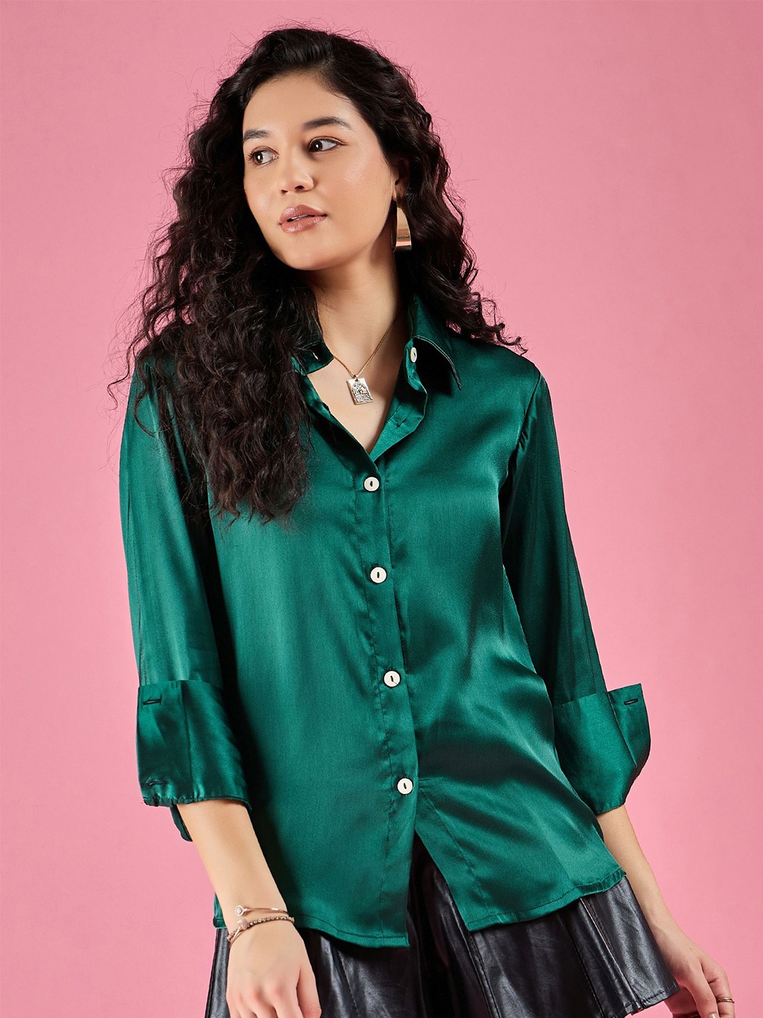 

DressBerry Women Solid Satin Relaxed Casual Shirt, Green