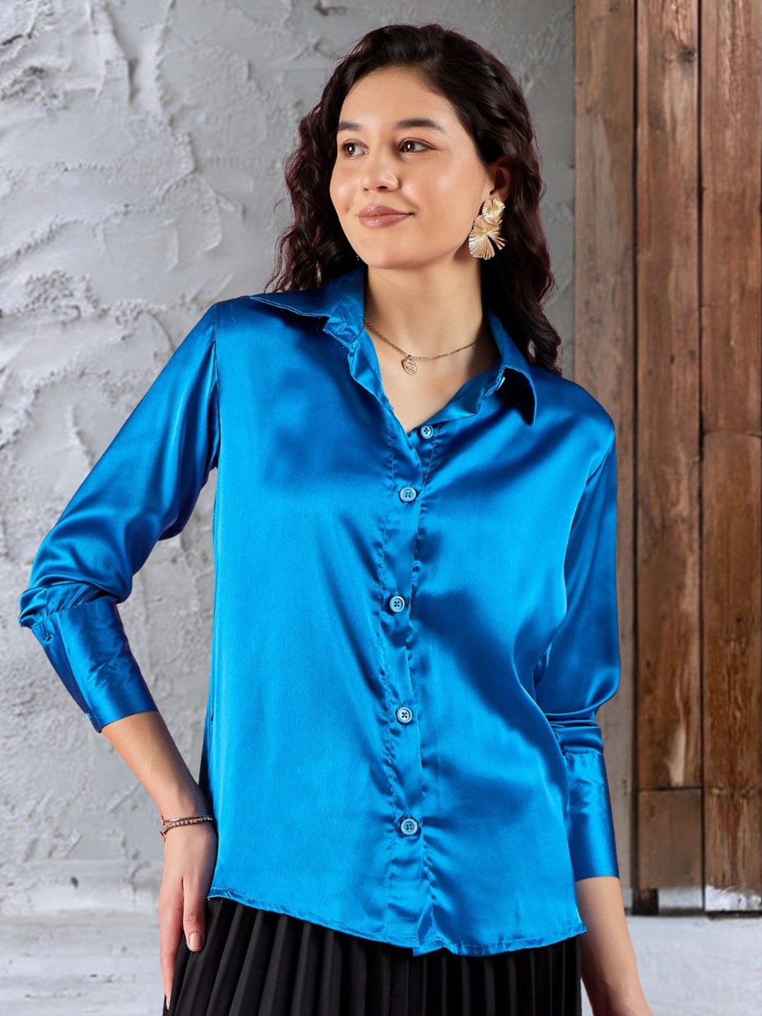 

DressBerry Women Relaxed Spread Collar Solid Satin Casual Shirt, Blue