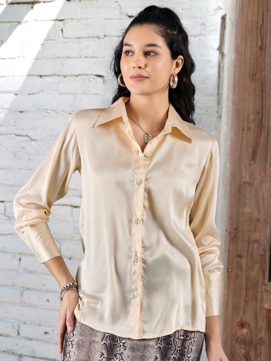 

DressBerry Women Relaxed Spread Collar Solid Satin Casual Shirt, Cream