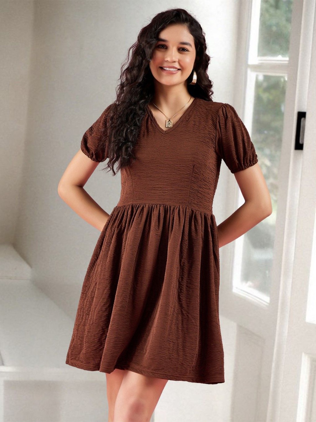 

DressBerry Women Puff Sleeve Fit & Flare Dress, Coffee brown