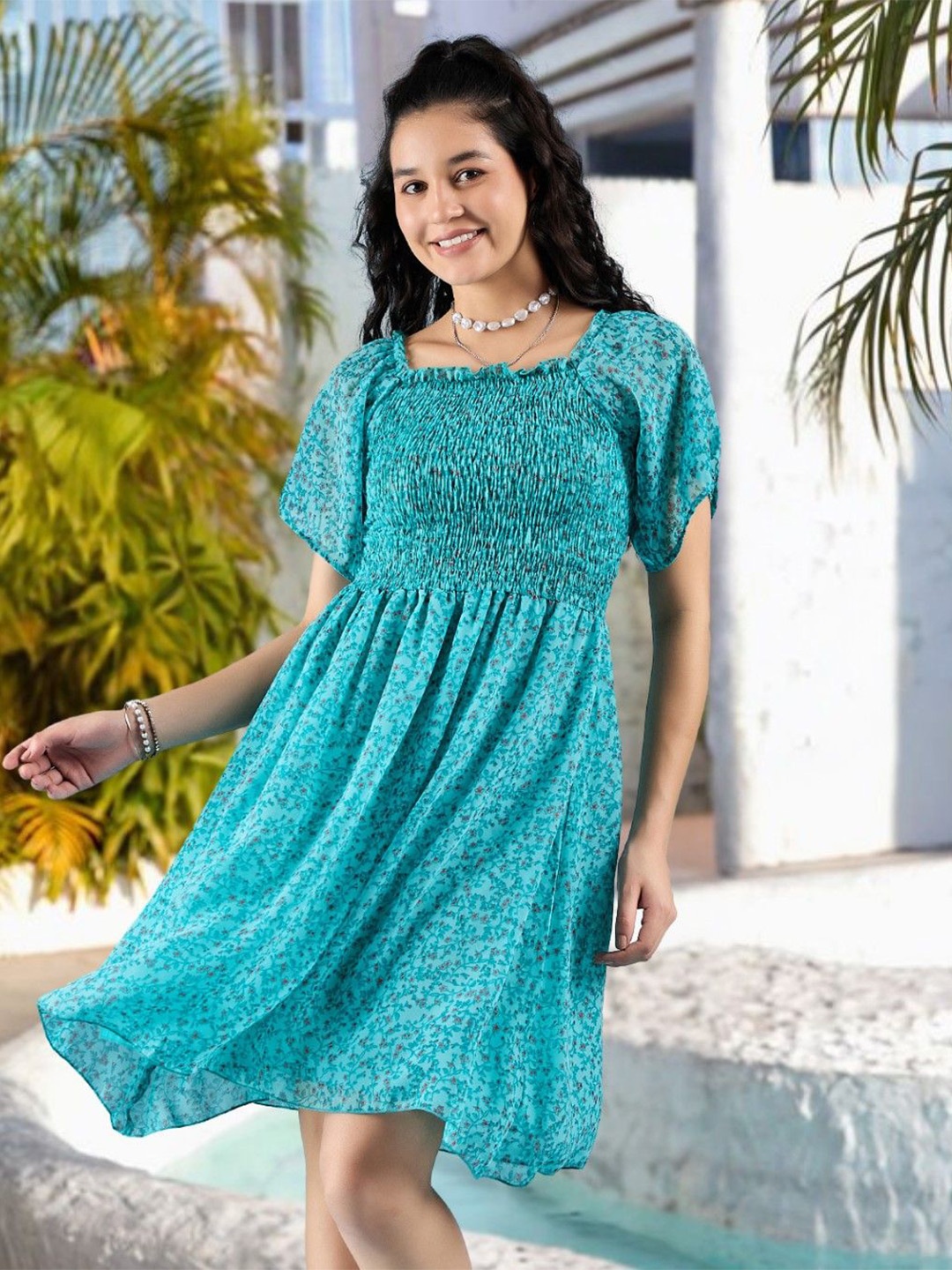 

DressBerry Women Ethnic Motifs Printed Square Neck Georgette Above Knee Empire Dress, Blue